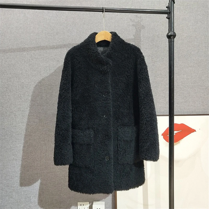 หลวมผู้หญิงขนสัตว์บริสุทธิ์ขนสัตว์ Overcoat Lady ความยาวกลางแกะ Shearling แจ็คเก็ต Stand-up COLLAR JT504