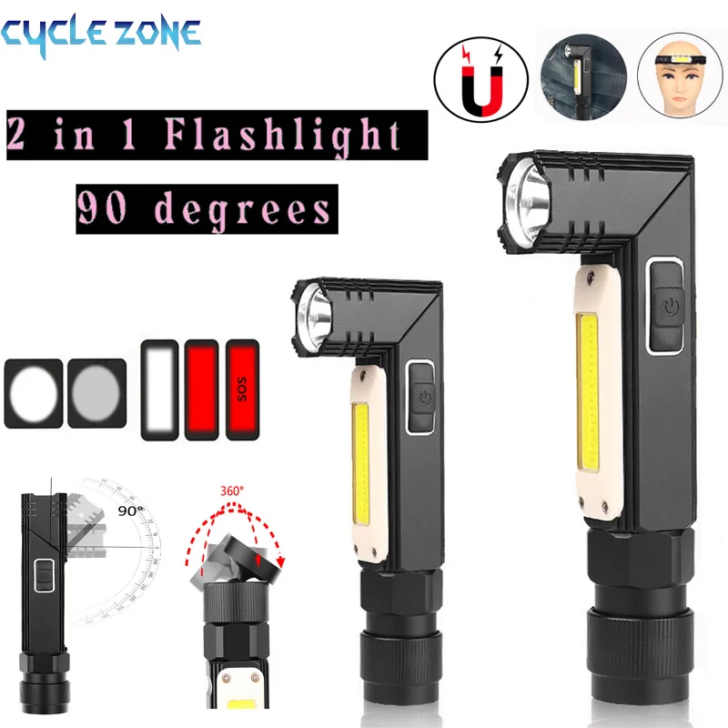 

LED Flashlight 90 Degrees Rotation 5 Modes Lighting Waterproof Tail Magnet Work Lamp USB Rechargeable 2 in 1 Tactical Flashlight