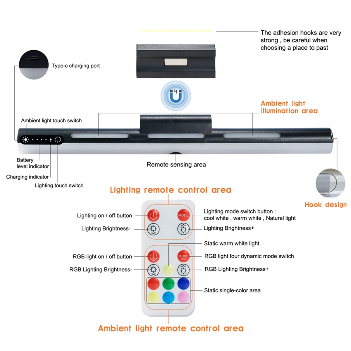 A95G Magnetic Lamp Touch Control Adjustable Color Brightness and Angle Makeup Light Rgb Atmosphere Lamp White