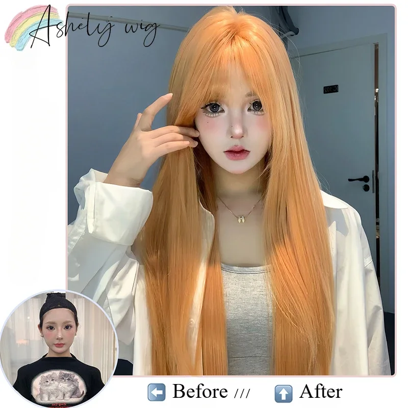 Orange Wig with Bangs Long Straight Synthetic Wigs 26inch Matte High-temperature Fiber Lolita Wig for Daily Use Anime Cosplay 가발