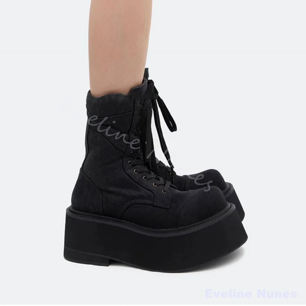 

Platform Canvas Mid Calf Boots Women Round Toe Cross Tied NEW Classics Chelsea Boots Black Leather Ankle Boots New Short Boots