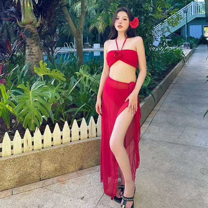 Spice Girl Red Neck Sling Dress Irregular Ruffle Edge Sexy Split Seaside Vacation Hot Spring Swimsuit