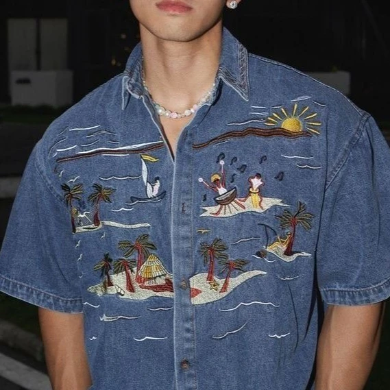 Summer New Embroidered Denim Short-sleeved Shirt Shirt Loose American Retro Street Style