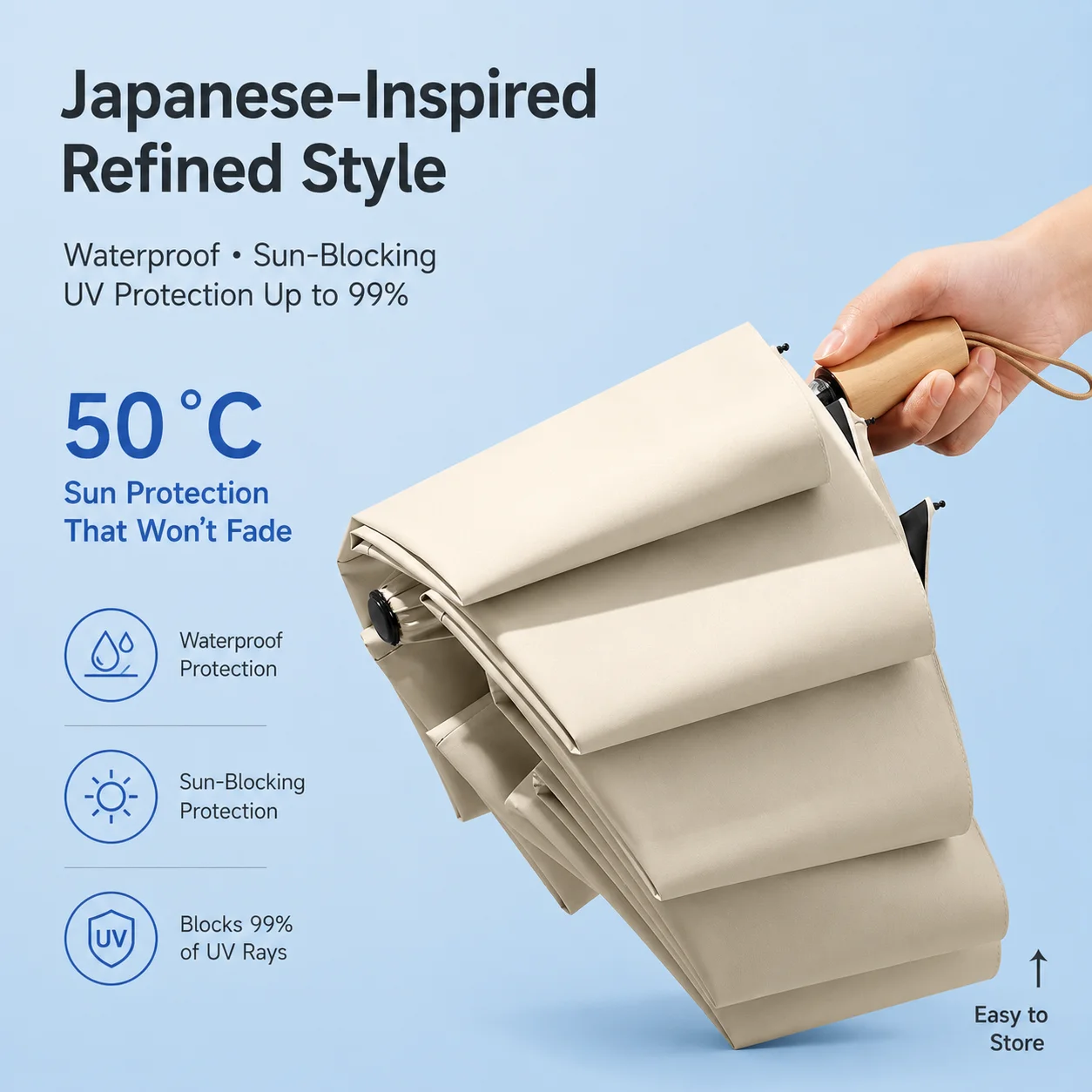 

Japanese-style Artistic Plain-colored Creative Fresh Wooden Handle Three-fold Umbrella Simple for Couples Sunshade Umbrella