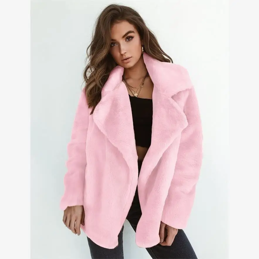 معطف شتوي دافئ للنساء من الفرو الصناعي الناعم، تصميم فضفاض بأكمام طويلة، لون موحد، مواد أخرى، 00% ملابس خارجية قصيرة