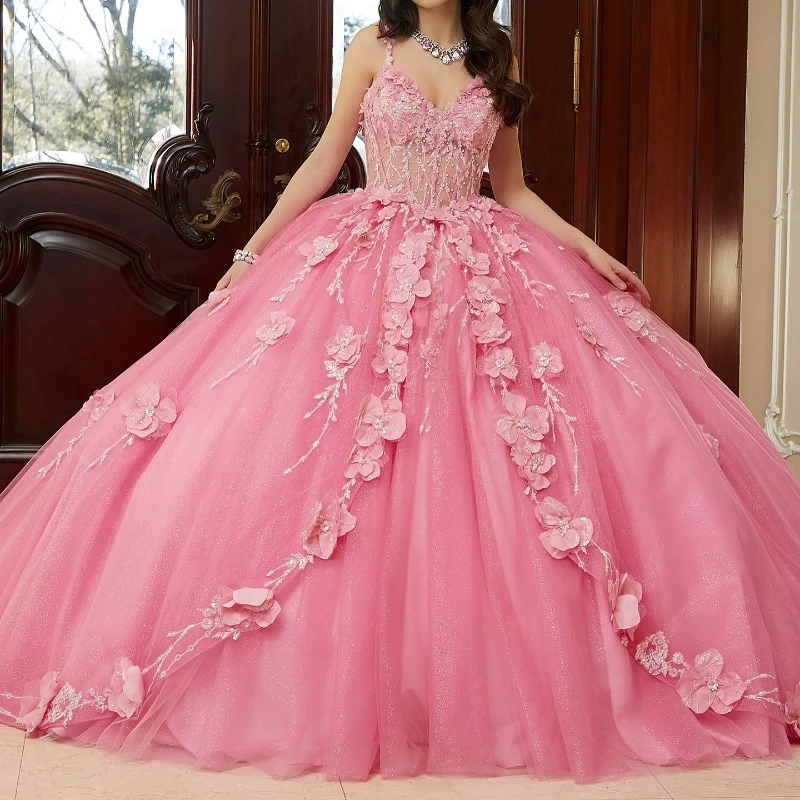 Vestido De quinceañera rosa brillante De lujo, cuentas De lentejuelas, lazo De flores, Vestido De baile De barrido, 16 trenes, fiesta De cumpleaños, 15 años, 2024