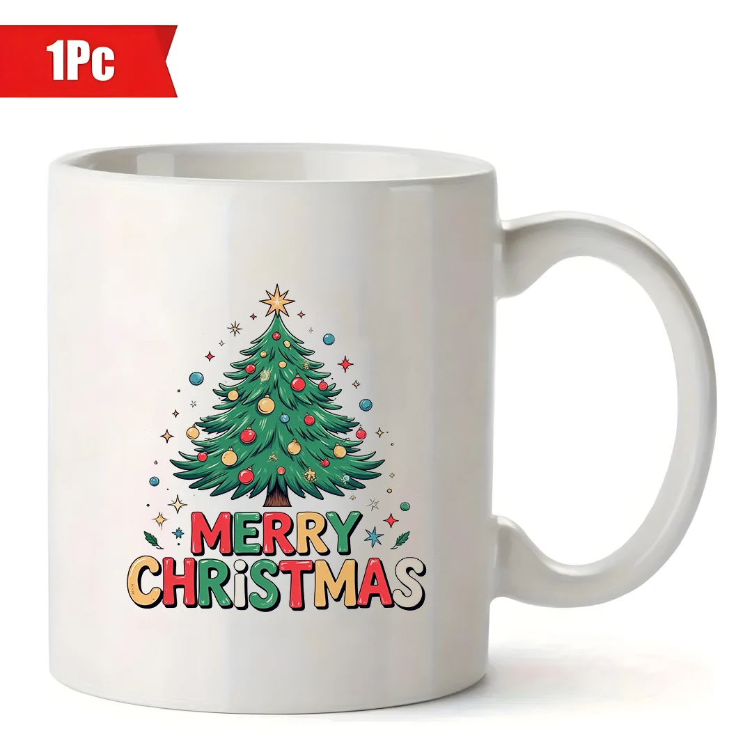 11オンスカップ 漫画のクリスマスツリーテーマ メリークリスマスの文字 カラフルなボールのアクセント お祭りムードのカップ 家族オフィス