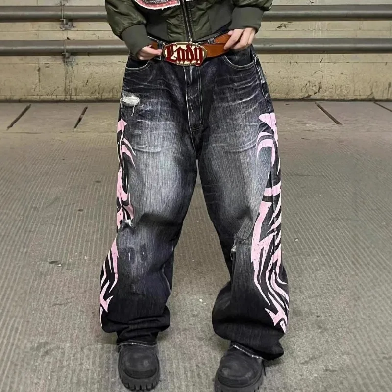الشارع الشهير المطبوعة Y2k الجينز الرجال الشباب الهيب البوب فضفاض جان النساء للجنسين موضة بنطال ذو قصة أرجل واسعة موضة Y2k الملابس الدنيم بانت #3
