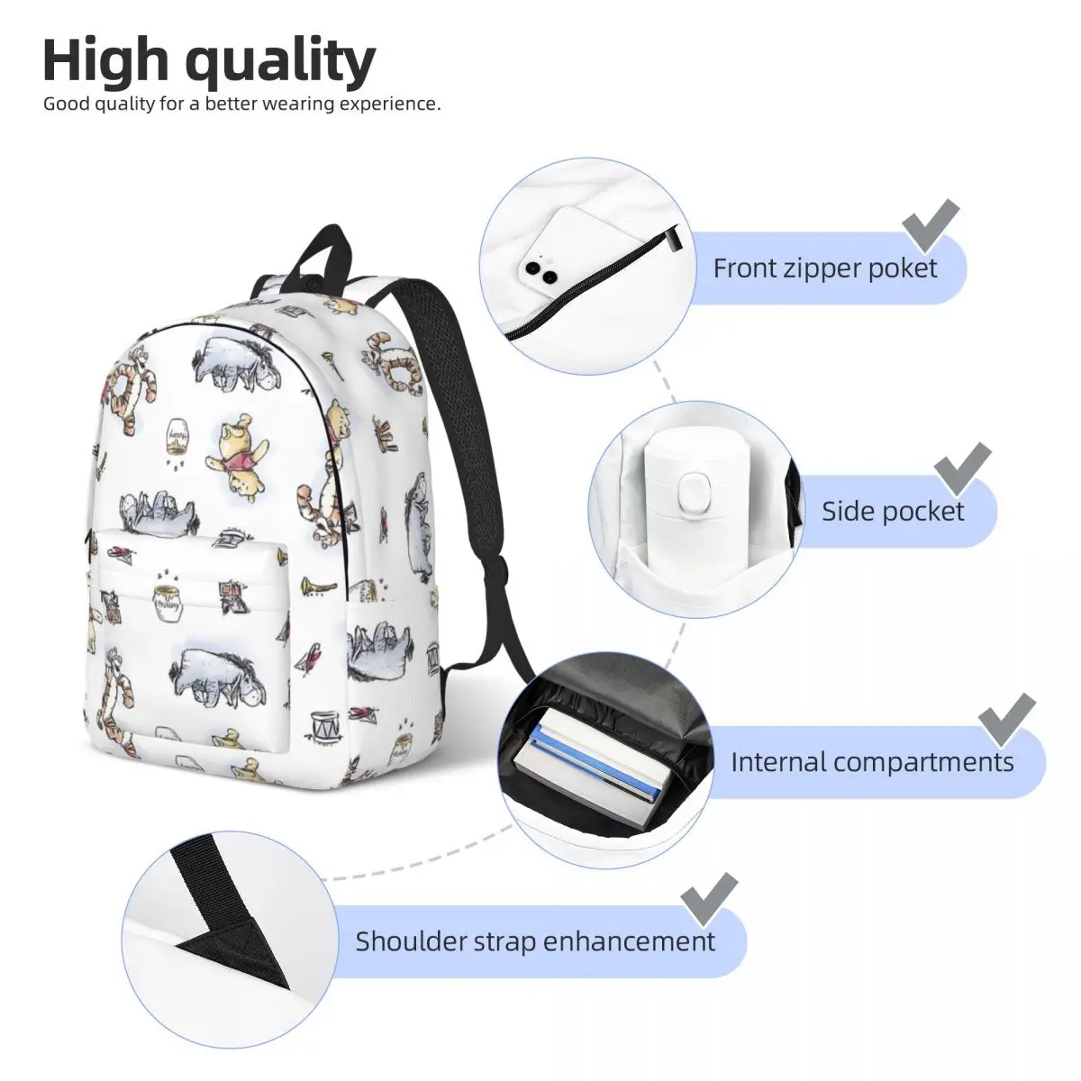 Pooh Bear Eeyore Tigger Friends para hombres y mujeres, mochila escolar para estudiantes, mochila de lona, senderismo universitario medio alto