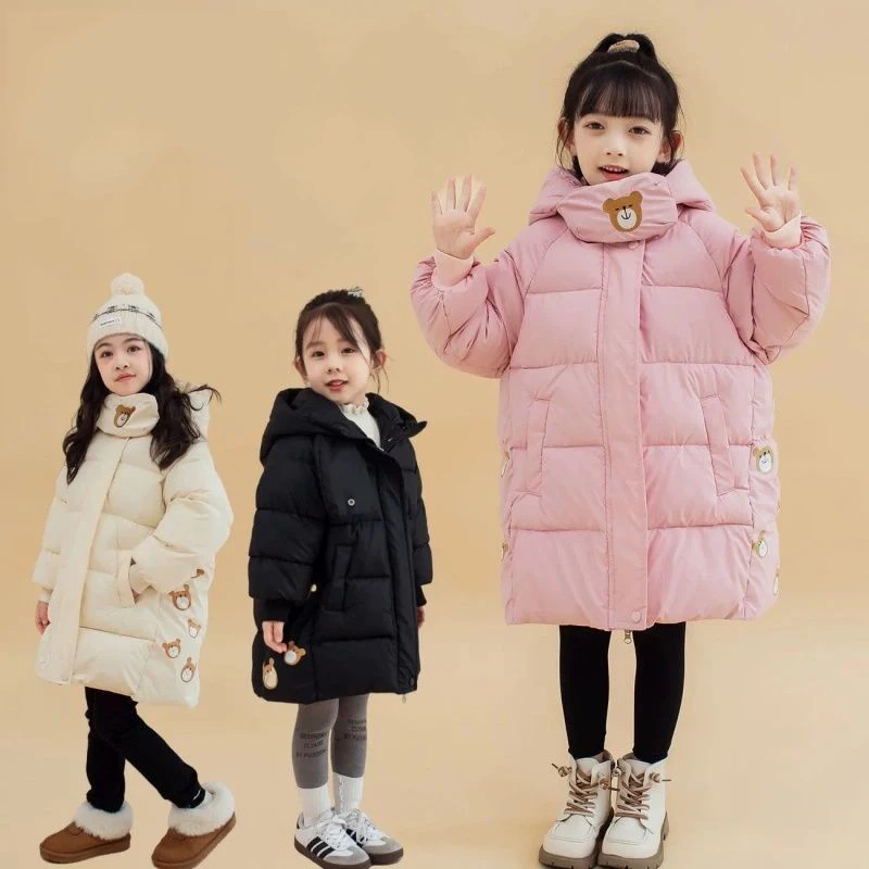 

New Winter Toddler Girls Parkas Hooded Kids Baby Girls Mid Length Jacket Bear Embroidery Thicken Warm Infant Girl Outerwear Coat