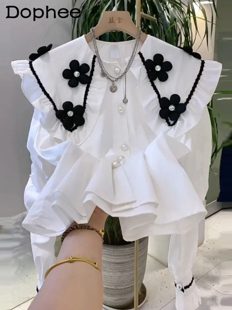 

6Beaded White Flowers Shirt Women 2024 Spring and Summer Korean Style Heavy Industry Doll Collar Lace Long Sleeve Shirt Top