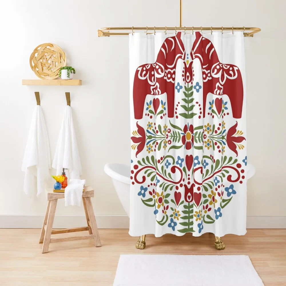 Scandinavian Dala Horse, Swedish Folk Art Shower Curtain Shower Bathroom Elegant Bathroom Luxury Bathroom Shower Curtain