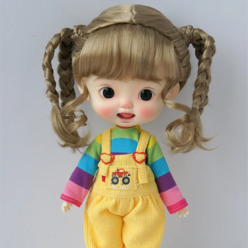 JD617  9-10inch 10-11inch  Full bangs with Double Braids pony Synthetic mohair BJD  wigs  Nero Blythes QBaby  doll accessories