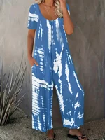 Novedad de verano europea y americana transfronteriza de talla grande para mujer, pantalones casuales de pierna ancha estampados con cuello redondo y bolsillo.