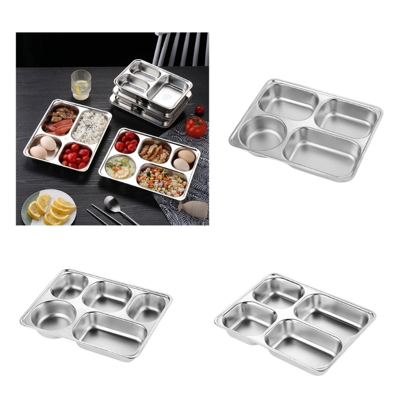 

124E Rustproof Stainless Steel 4 Compartment Lunch Tray For Adults Students Kids Home Dining Plate Divided Dish