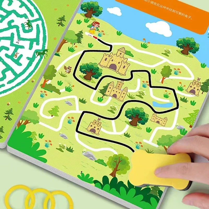 64 Pages Educational Games Kids Concentration Maze Training Book Reusable Practice Copybook