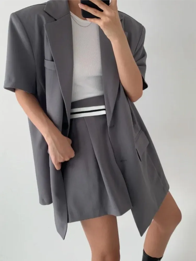 Women's two Pieces Set Short Set Korean Loose with Blazer Summer Thin Short-sleeved Blazers + Shorts Casual Office Ladies Suits
