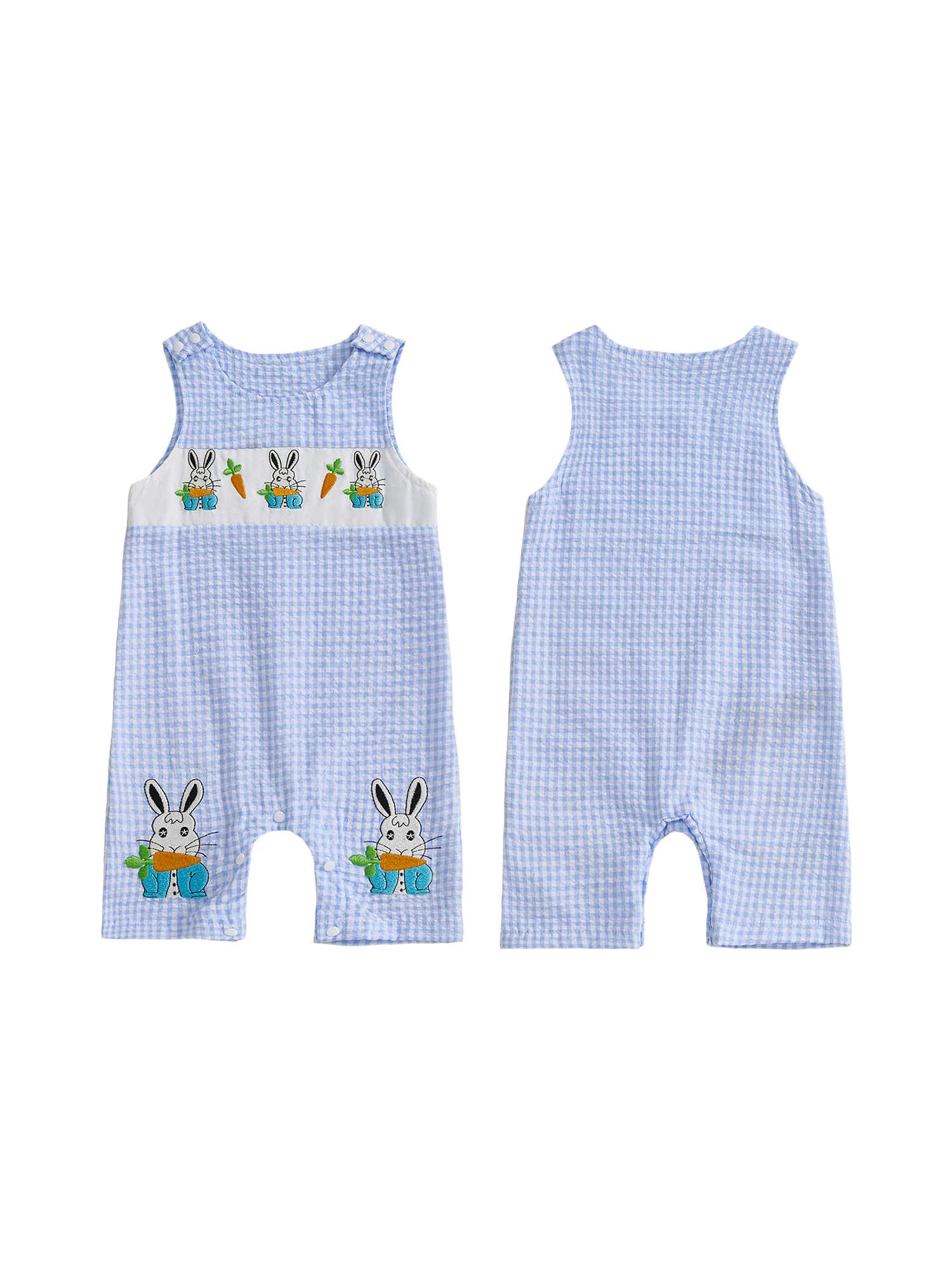 

Easter Baby Boys Romper Cute Sleeveless Round Neck Bunny Carrot Embroidery Outfit for Toddlers