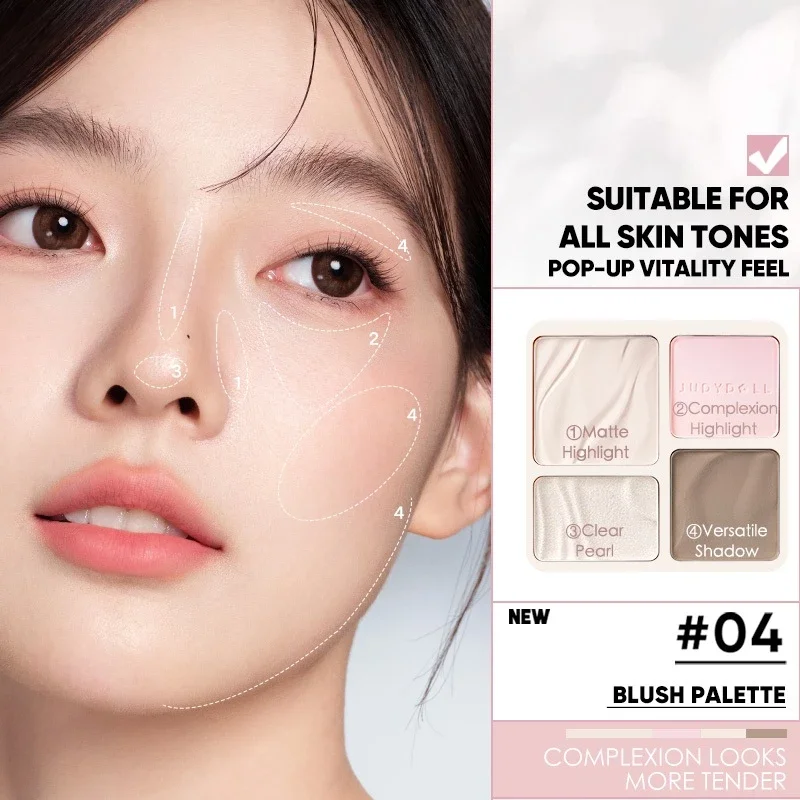 [100% Authentic] JUDYDOLL Highlight & Contour 3D Palette Four-Partition Matte Rendering Long-Lasting Waterproof Cosmetics