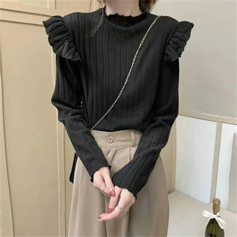 

Solid Color Loose Top Elegant Half-high Collar Knitted Pullover Sweater for Women Winter Solid Color Ruffle Shirring Slim Fit