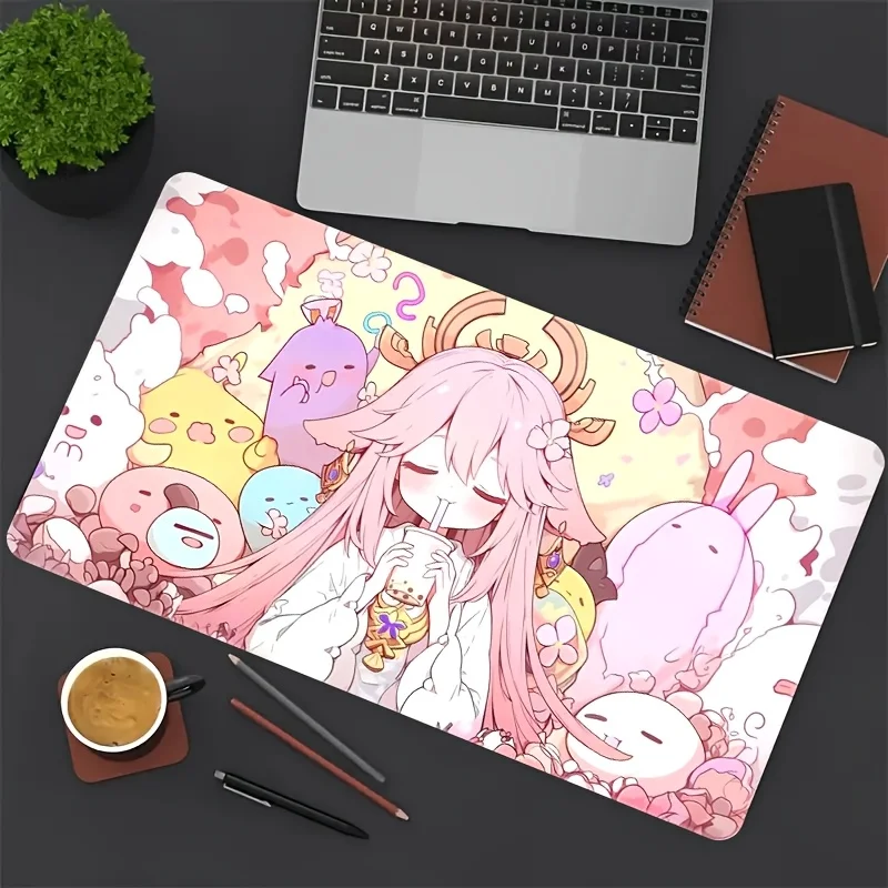 

Gaming Mouse Pad, Large Desk Mat, Anti-slip, Stitched Edges, Pink Fox Anime Girl Print, Keyboard Pad for Gaming & Home Use