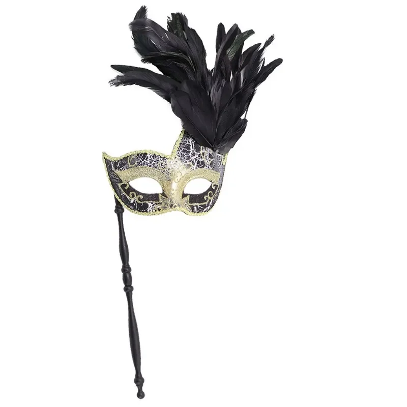 New Popular Feather Makeup Ball Mask with Stick Halloween Ghost Festival Carnival Easter Cosplay Performance Party