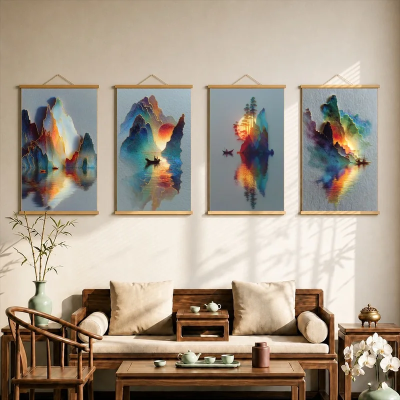 Wall Art Rainbow Peaks in Celestial Clouds, Chinese Fantasy Pearlescent Canvas Wall Hanging Scroll for Meditation Room Interior