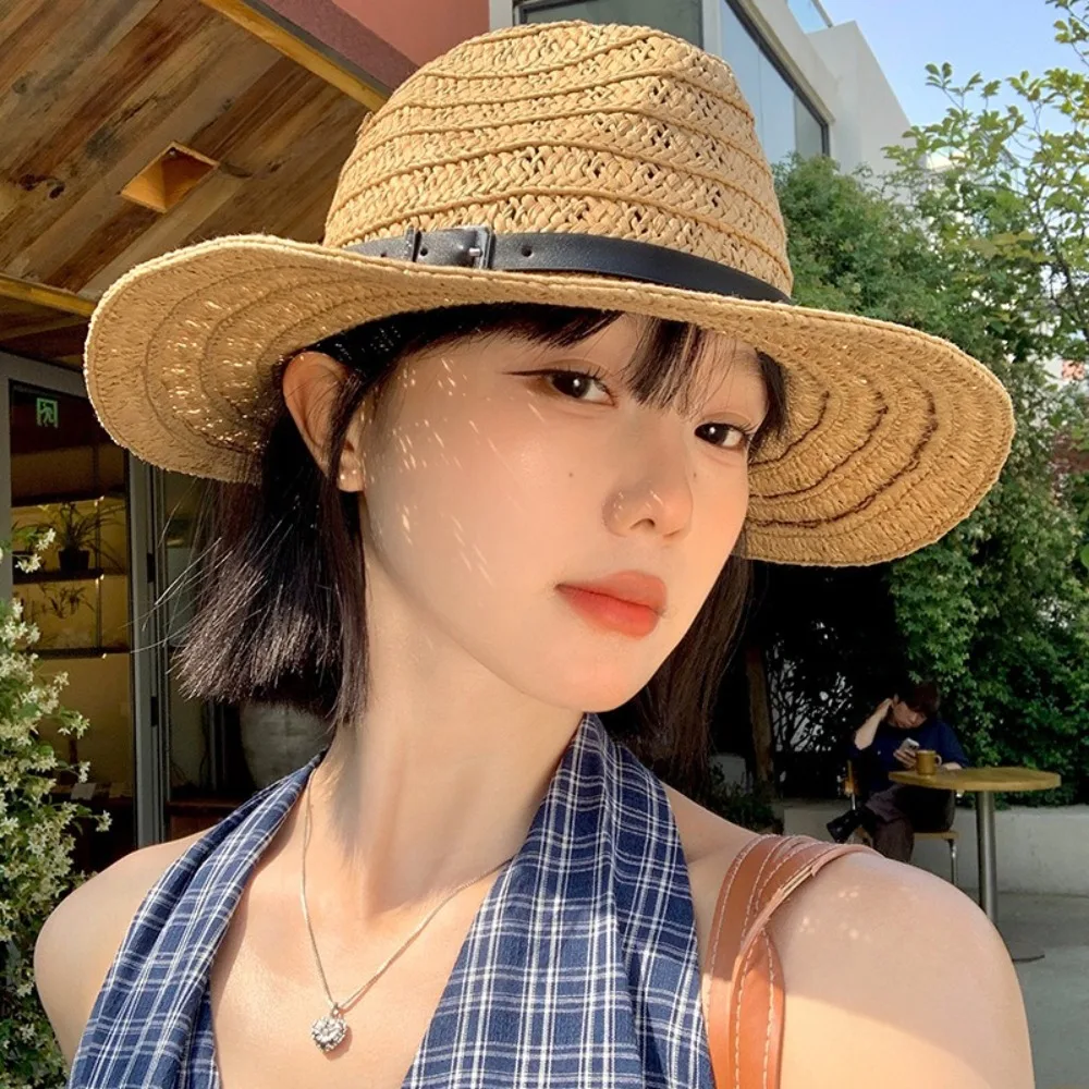 

Fashion Hollow Hollow Straw Hat Wide Brim Jazz Western Cowboy Hat Leather Buckle Sunscreen Visor Cap Outdoor