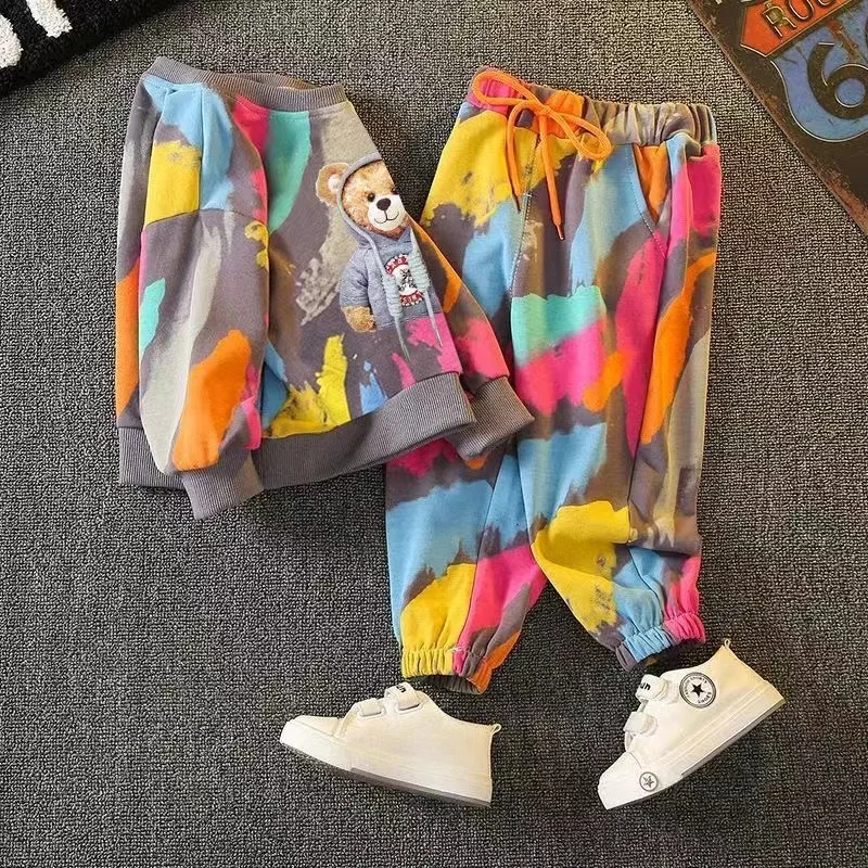 Frühling Kleinkind Baby kleidung Set Mode Graffiti Pullover und Hose Outfit Kinder Junge Mädchen Cartoon Bär oben und unten Trainings anzug