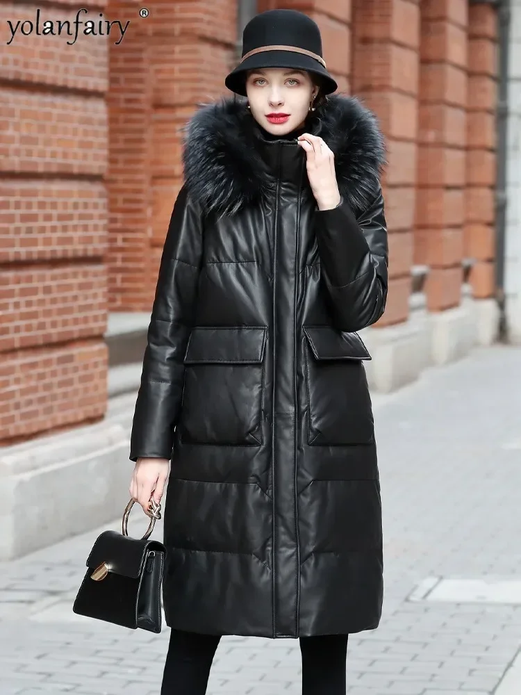 Winter Long Coat Women's Genuine Leather Down Jacket for Women Sheepskin Coats Female New Outwear Loose Versatile Fur Collar FCY