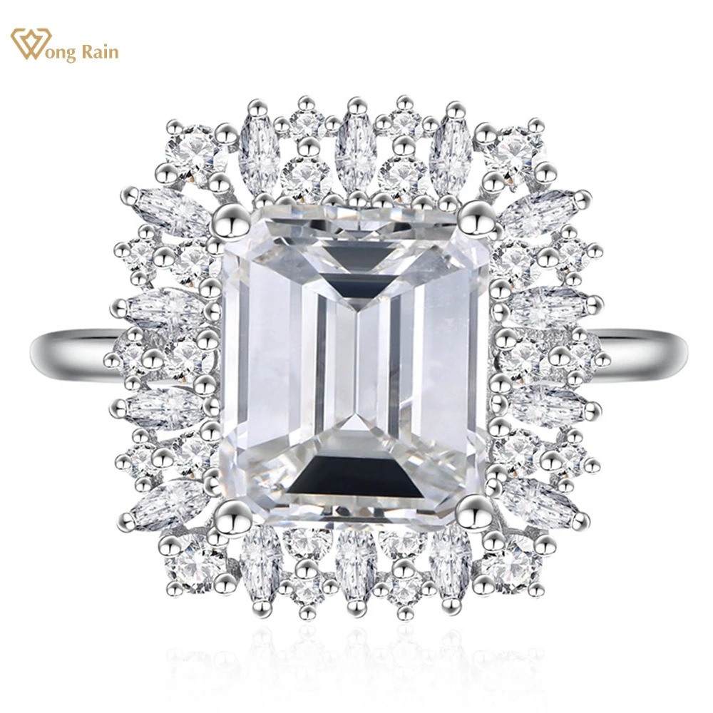 

Wong Rain 100% 925 Sterling Silver 8*10 MM Emerald Cut Lab Sapphire High Carbon Diamond Gemstone Wedding Engagement Ring Jewelry