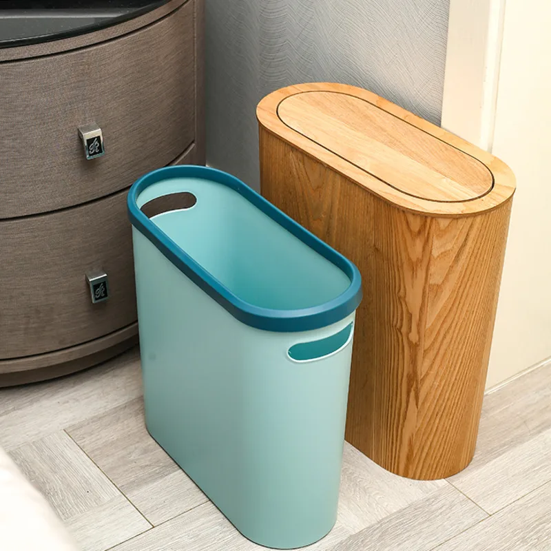 New Chinese Style Narrow Seam Wood Garbage Bin Family Living Room Bedroom Waste Disposer Kitchen Bathroom Large Paper Basket