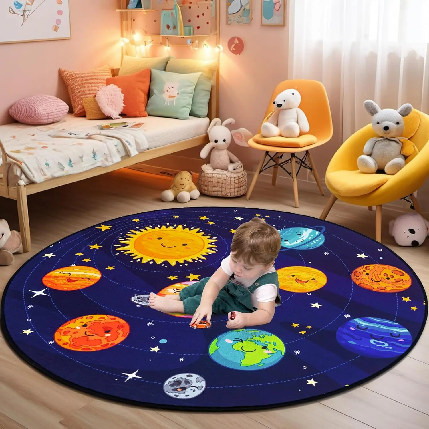 Solar System Kids Round Rug Smiling Planets Stars and Space Theme for Playroom Education