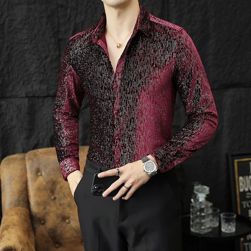 Camisa De Manga larga para Hombre, Ropa informal brillante, color rojo oscuro