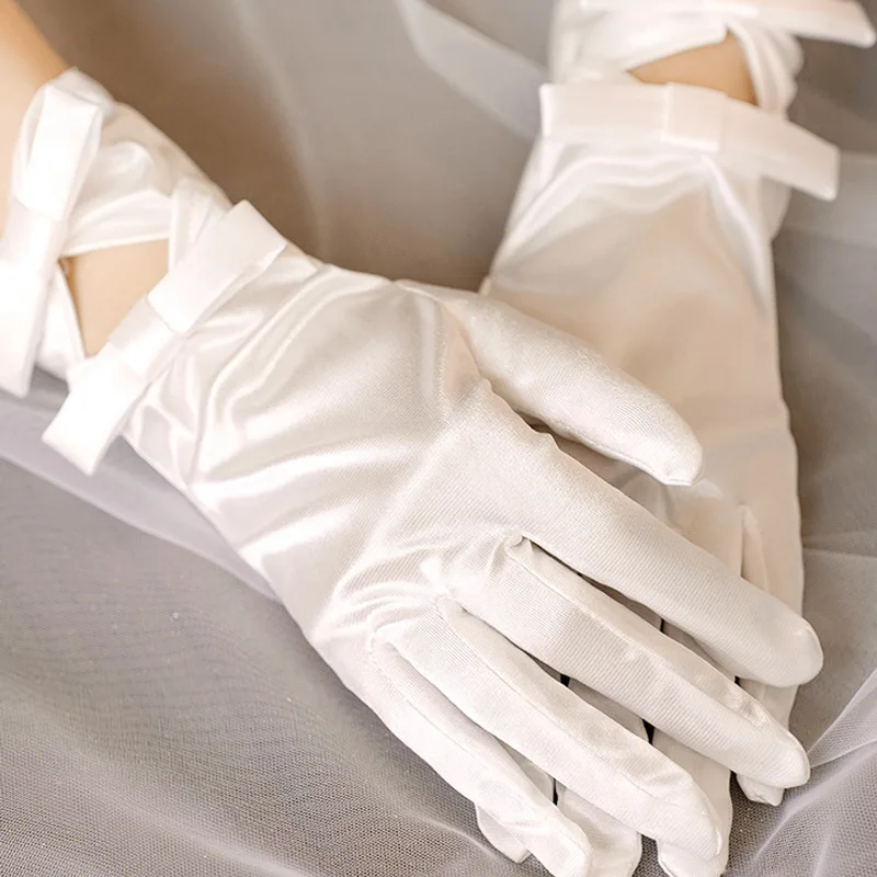 New White Satin Women Gloves For Wedding Party Satin Bow Wrist Length Bridal Accessory Evening Prom Glove перчатки свадебные