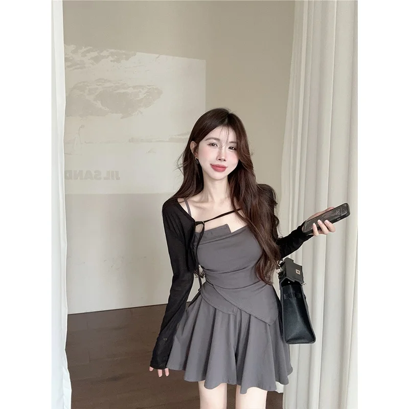 Irregular Sling Tube Top Gyaru Short dress Sun-Protective Clothing Knit cardigan Skirt Girls Summer Three-Piece Set Set