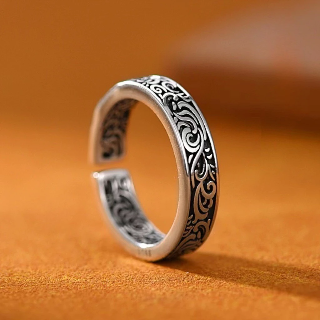 925 Sterling Silber Ring Verstellbar mit Retro-Mustern für Damen und Herren Schöner Ring Modischer Hochzeitsschmuck Party Damenring – Detail 1