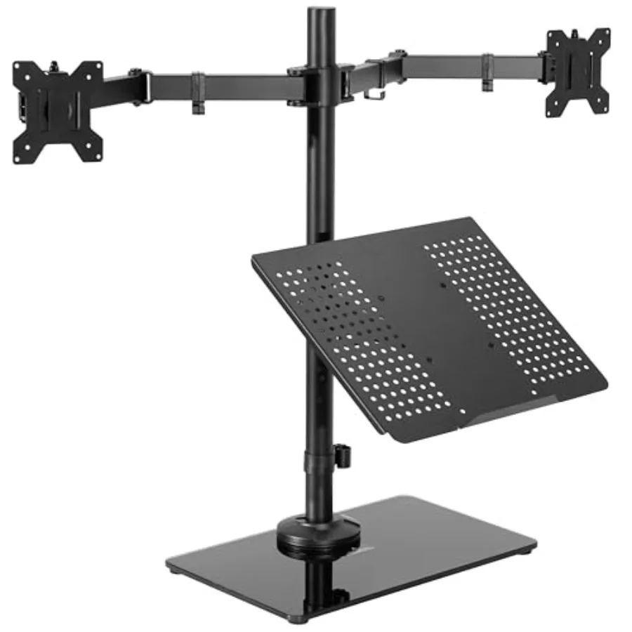 Freestanding dual computer monitor and laptop combo desk stand with tempered glass base for home office black supports up to 32