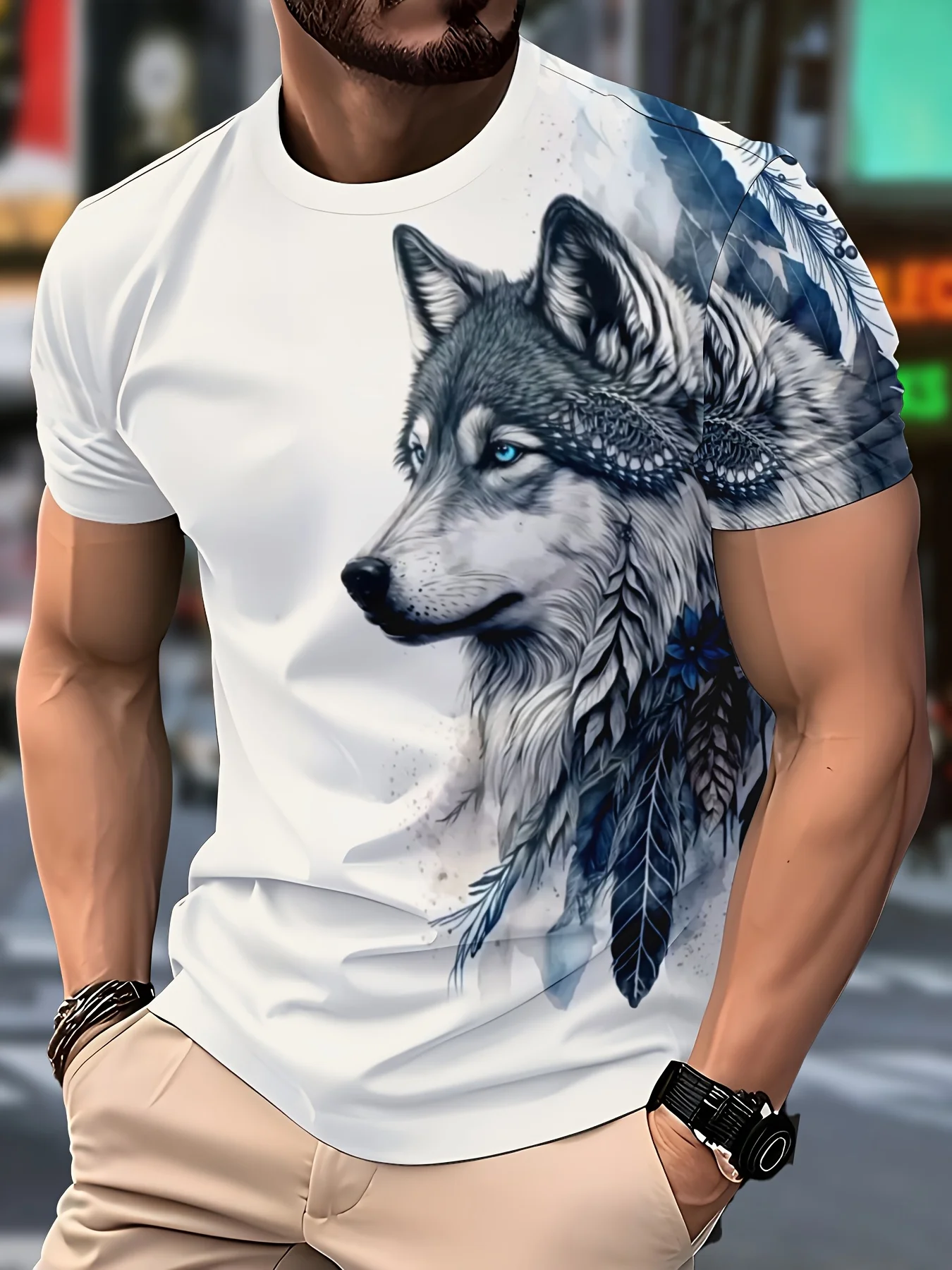 Men's Watercolor Boho Feather Wolf 3D All Over Print T-Shirt White O-neck Short Sleeve Animal Graphic Casual Streetwear Tops
