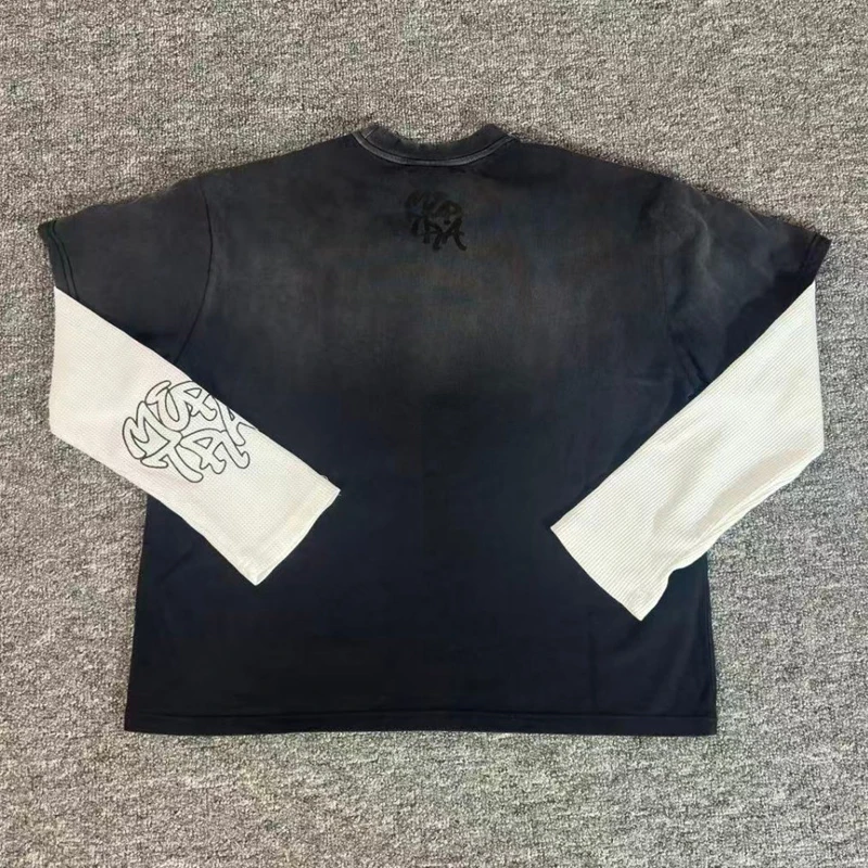 

Fall New Fashion Letter Print Mertra Long Sleeve T-shirt Casual Breathable Waffle Fabric Fake Two Tops Tees Men Women