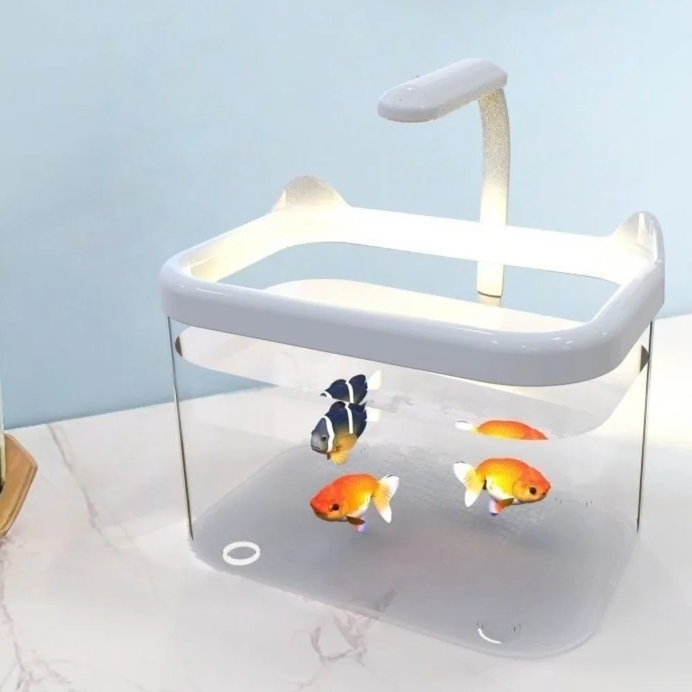 LED Light Desktop Fish Tank Transparent Cat-shaped Fish Breeding Tank Durable Plastic Mini Aquarium for Fish Shrimp Small