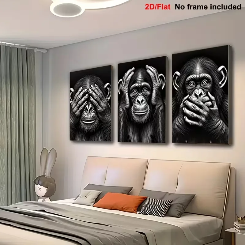 2D Flat, 3pcs, Home Decorative Painting, Unframed Canvas Art, Do Not Look At, Do Not Listen To, Do Not Speak of - Water