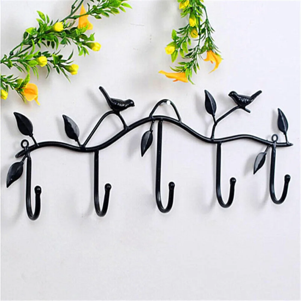 New Iron Crafts Leaf Bird Hook 5 Hooks Wall Mount Coat Hanger Baking Paint Black/White/Bronze Hanger Rack Porch