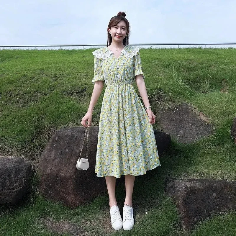 Summer Vintage Floral Dress Women Korean Elegant Sweet Cute Print Midi Dresses doll collar Lace French Holiday Cottagecore Dress