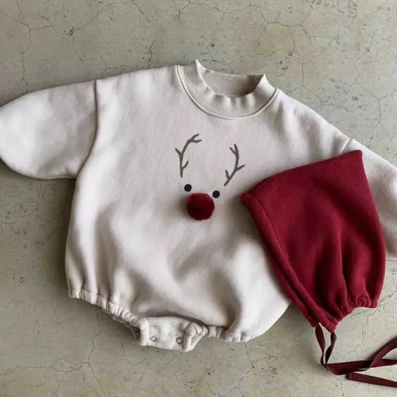 Autumn Winter Christmas Clothes Newborn Boy Baby Deer Antler Print Long Sleeve Bodysuit Girl Infant Cotton Thick Onesie+Cap 2pcs