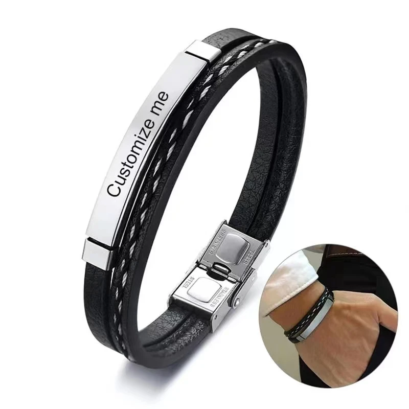 Multi Layer Leather Bracelets for Men Women Customizable Engraving Stainless Steel Personalized Bangle,Fathers Day Dad Gift