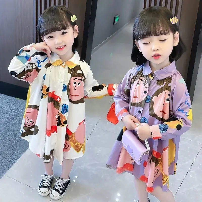 2024 Spring Autumn Girls Cartoon Print Long Sleeve Dress Fashion Design