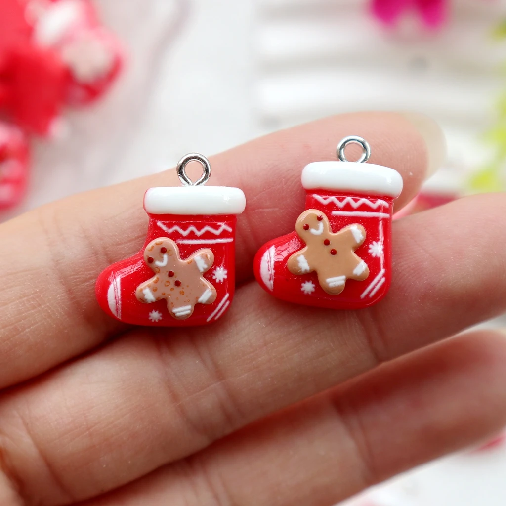 10pcs Christmas Stocking with Gingerbread Man Charms, Cute Resin Pendants for DIY Jewelry Making Accessory, Keychain Decoration