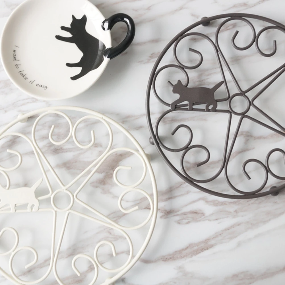 

Cat Design Heat Resistant Iron Wrought Pot Insulation Placemat Anti-scald Tray for Home Office Restaurant (Black)
