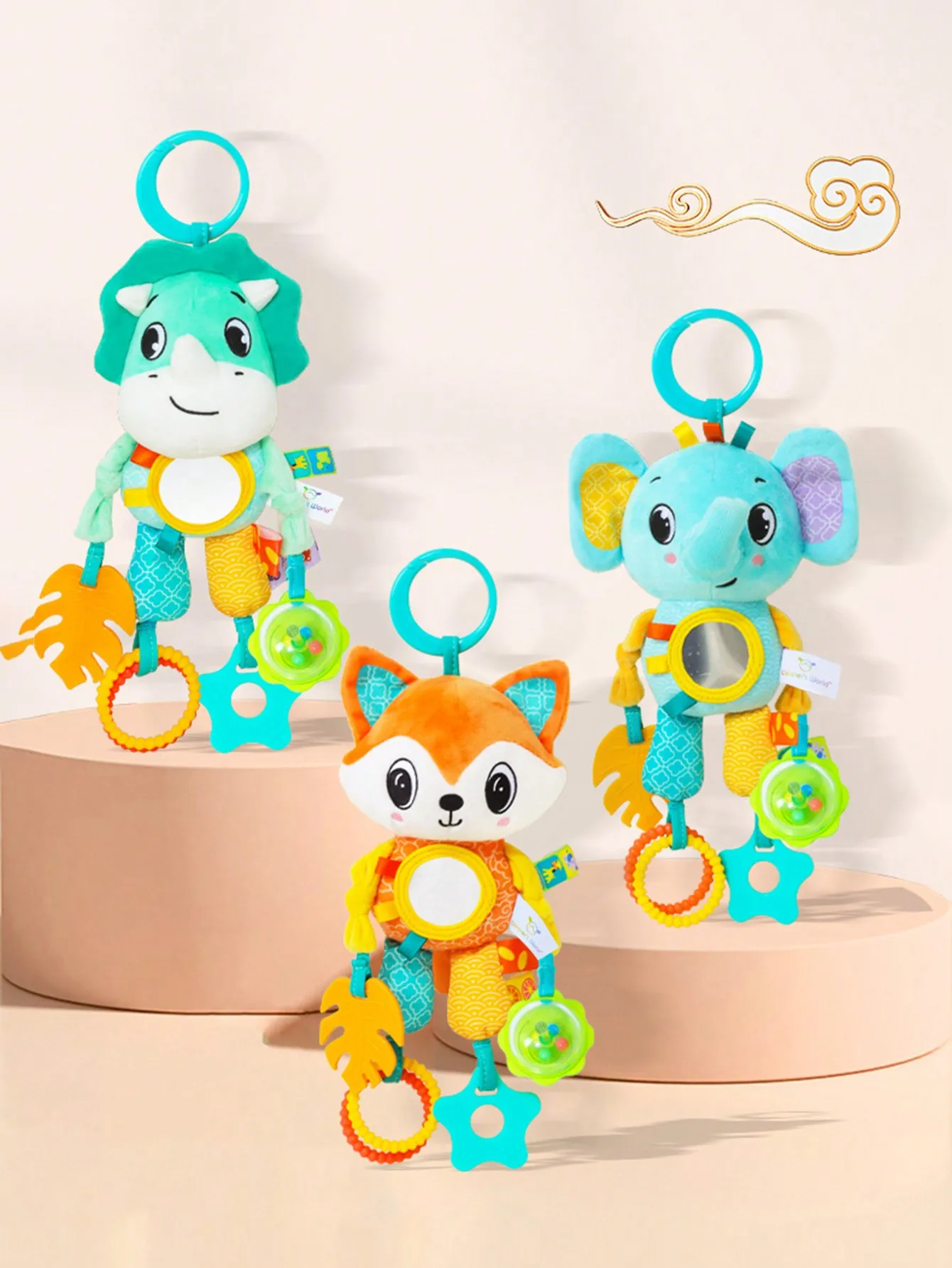 ألعاب معلقة للسيارة بعمر 0-3 سنوات من القطيفة على شكل حيوانات سرير معلق معلق للرياح مع ألعاب قلادة عضاضة #4